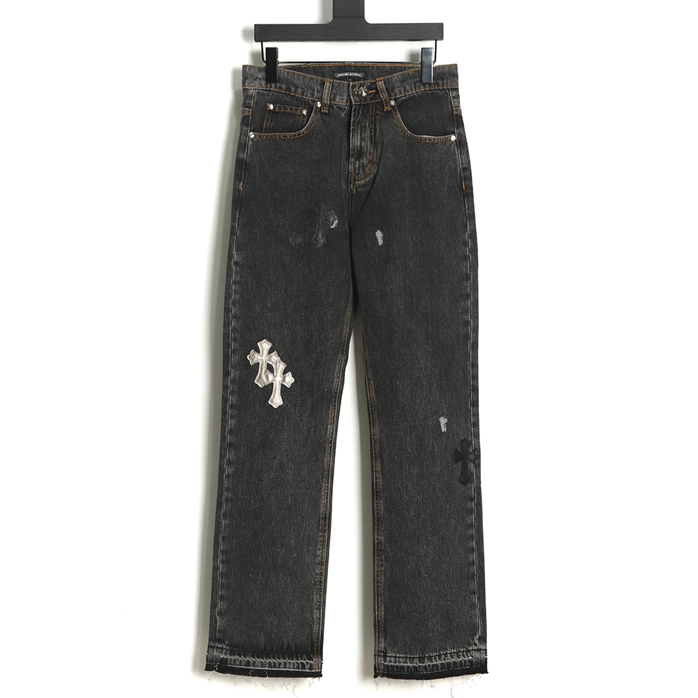 Chrome Hearts Silver Leather Label Cross Denim Trousers