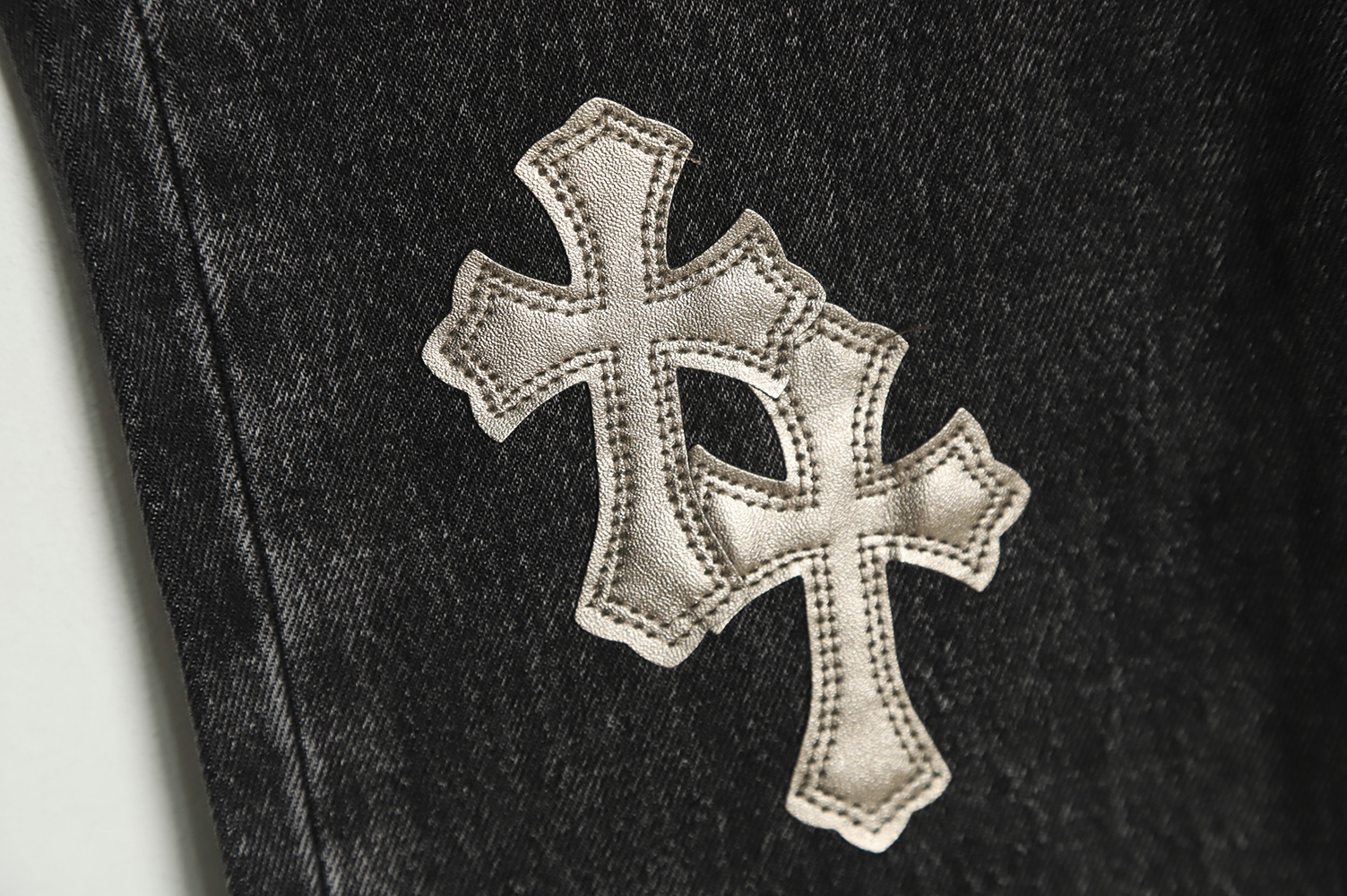 Chrome Hearts Silver Leather Label Cross Denim Trousers