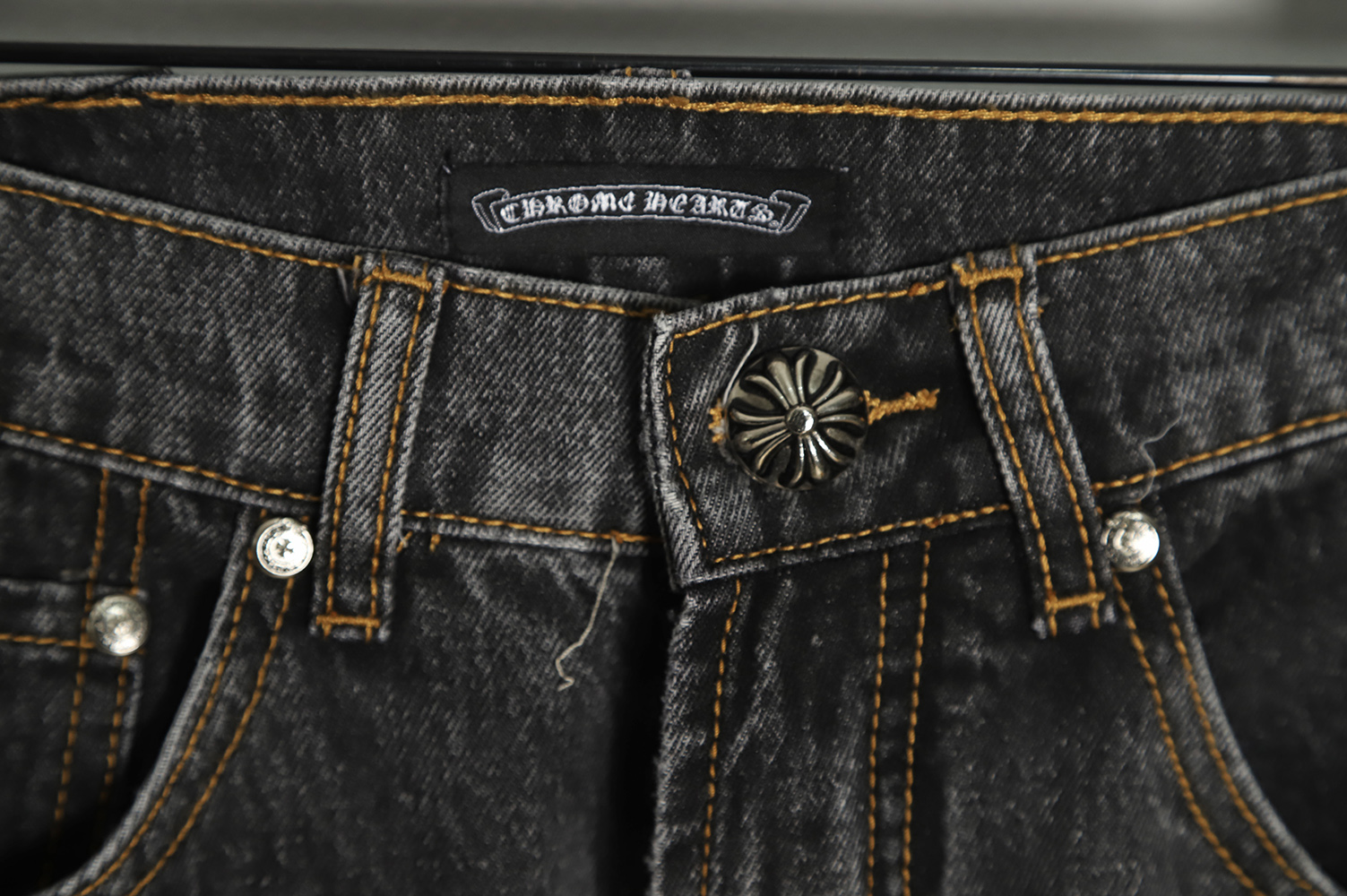 Chrome Hearts Silver Leather Label Cross Denim Trousers