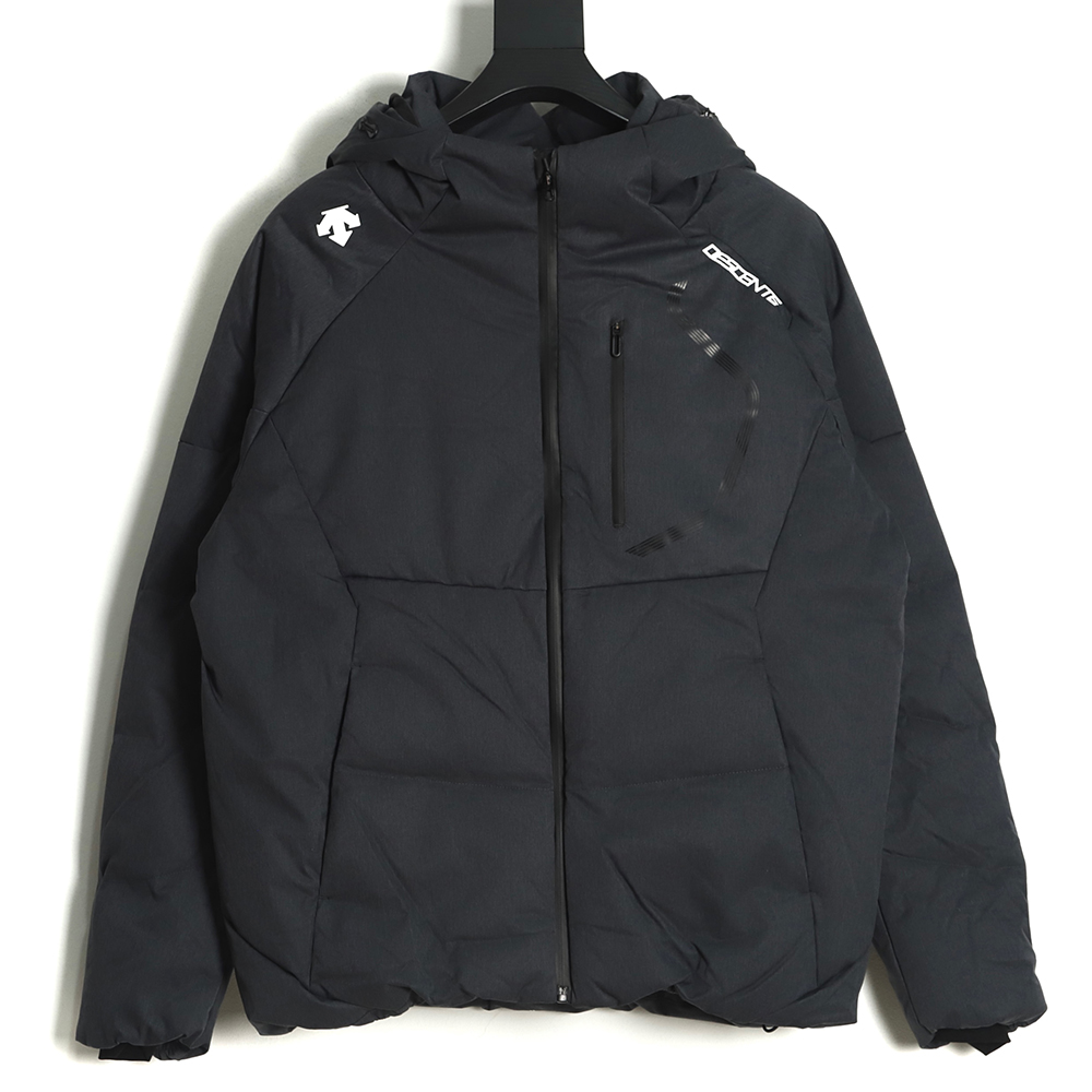 DESCENTE Hooded Cropped Down Jacket with Laminated Pockets Navy blue
