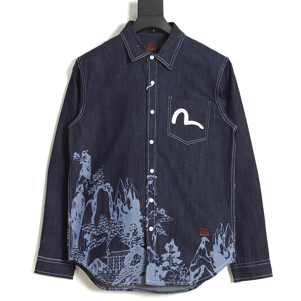 Evisu 23ss landscape painting discharge dyed long-sleeved shirt