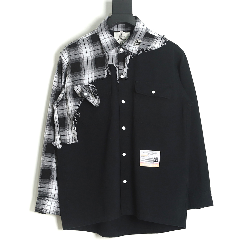 Maison Mihara Yasuyu plaid stitching destroyed denim shirt jacket
