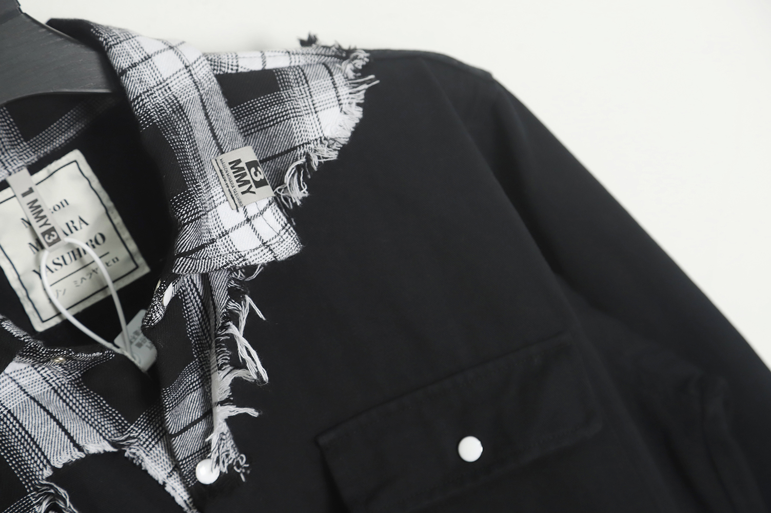 Maison Mihara Yasuyu plaid stitching destroyed denim shirt jacket