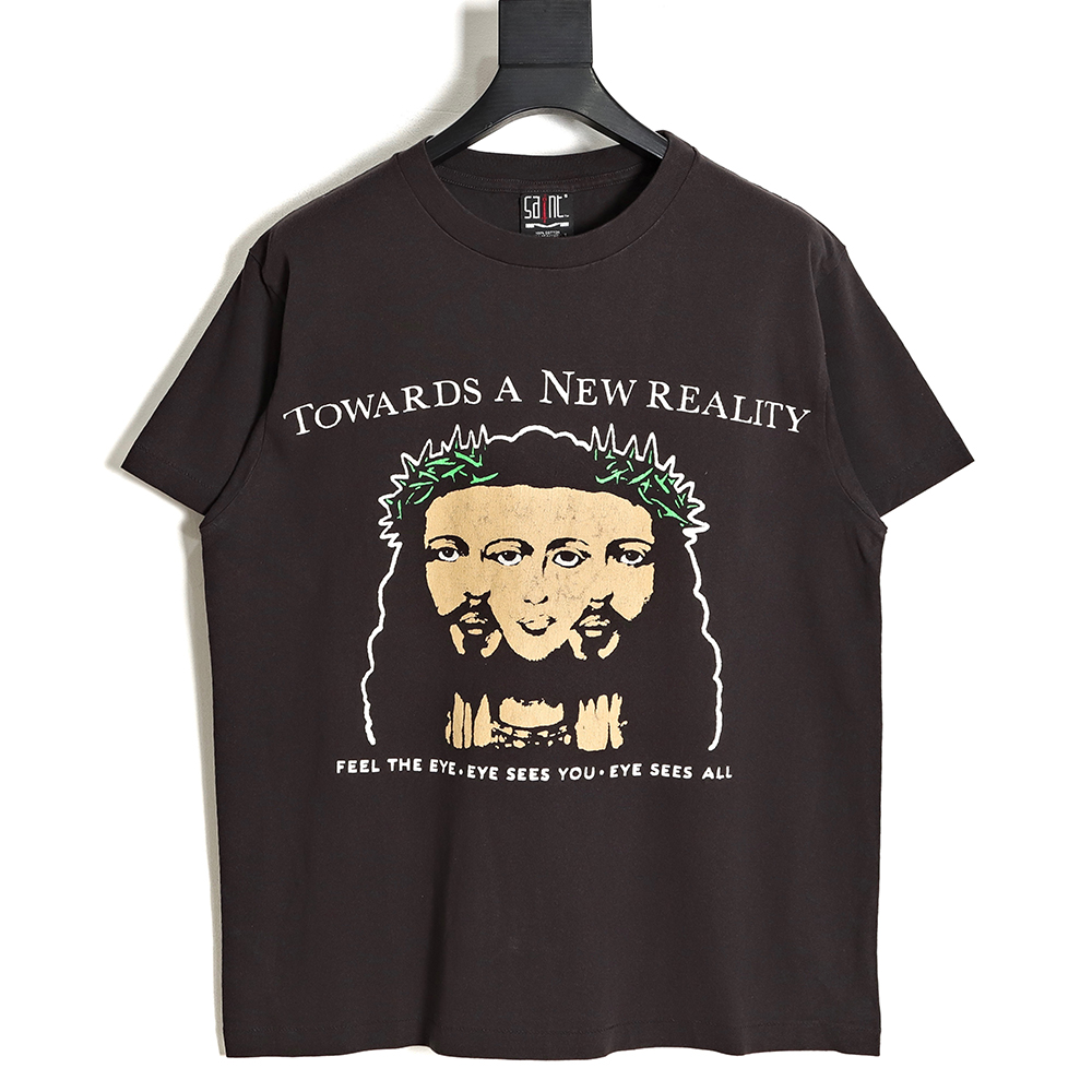 Saint Michael black three-face-men old printed short-sleeved T-shirt