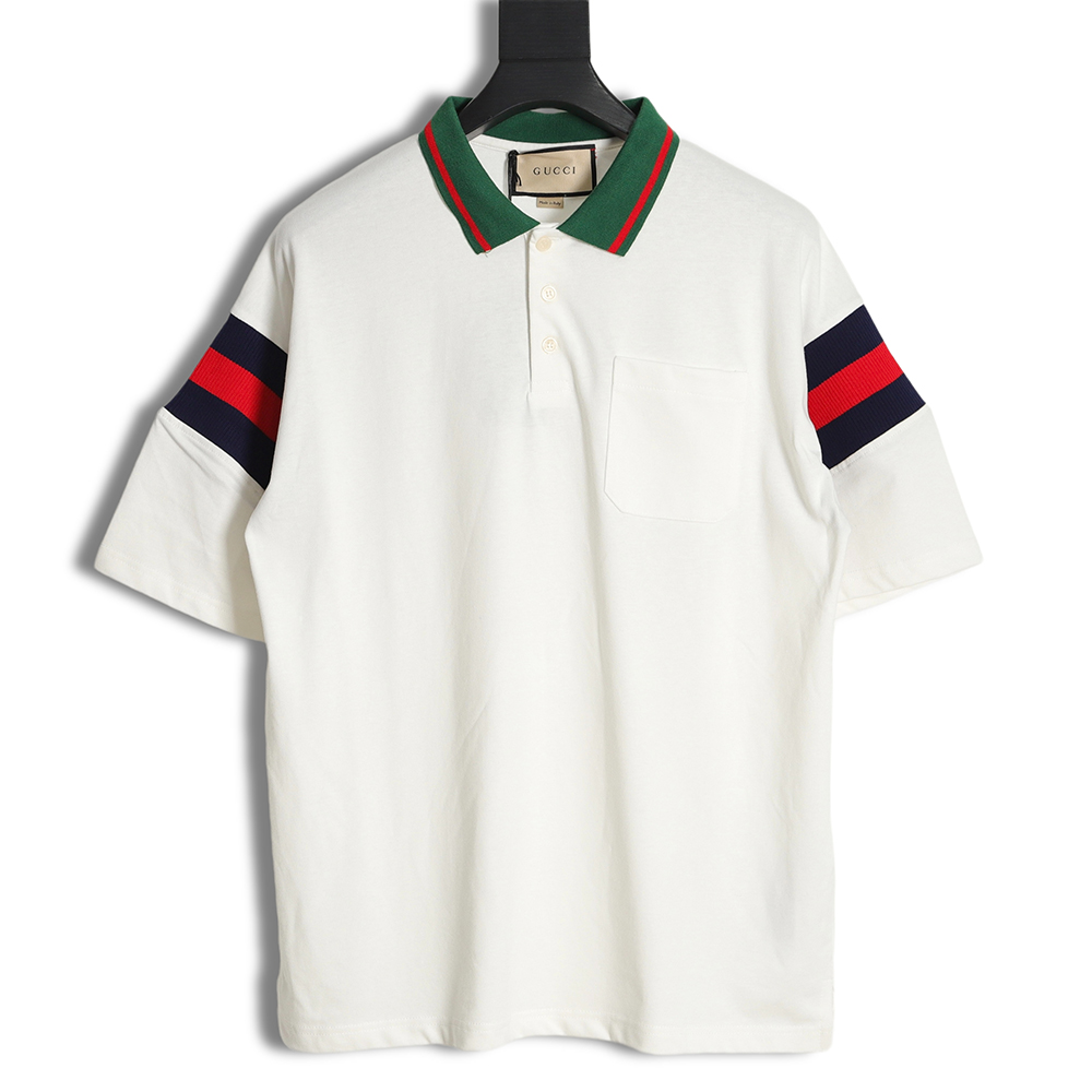 Gucci 23ss Sleeve Red And Green Ribbed Ribbon Color Matching Polo Shirt 