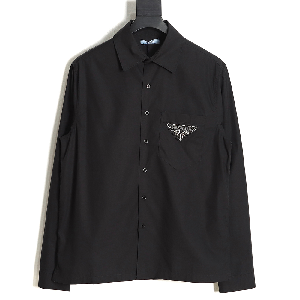 PRADA PRD 23SS Triangular Rhinestone Logo Long Sleeve Shirt TSK1