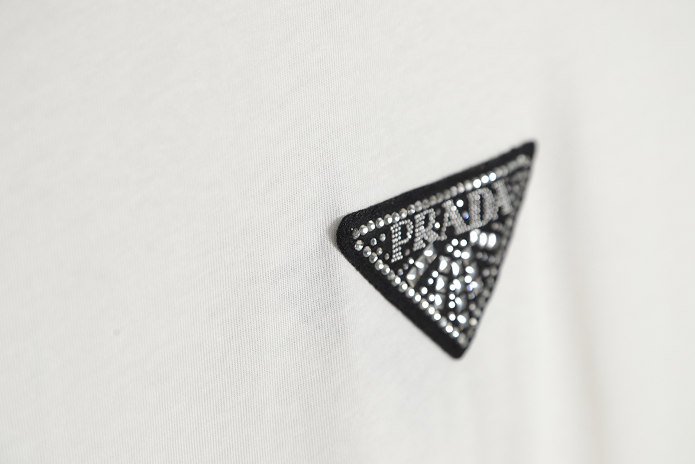 PRADA PRD 23SS Triangular Rhinestone Logo Short Sleeve T-Shirt