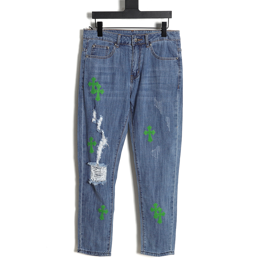 Chrome Hearts Heavy Industry Patch Leather Cross Frayed Jeans TSK1