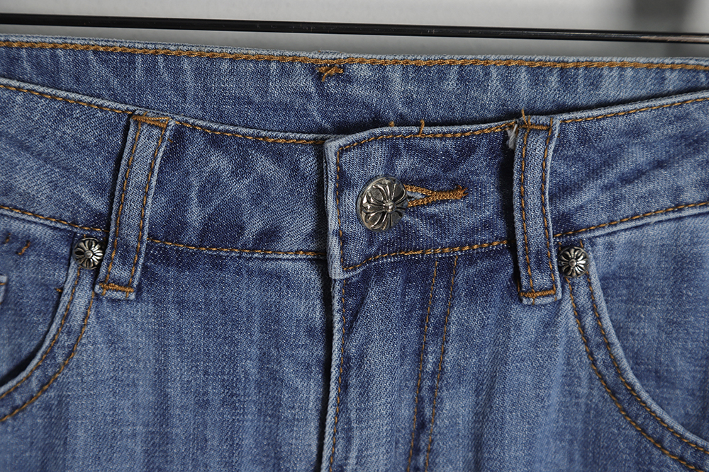 Chrome Hearts Heavy Industry Patch Leather Cross Frayed Jeans TSK1