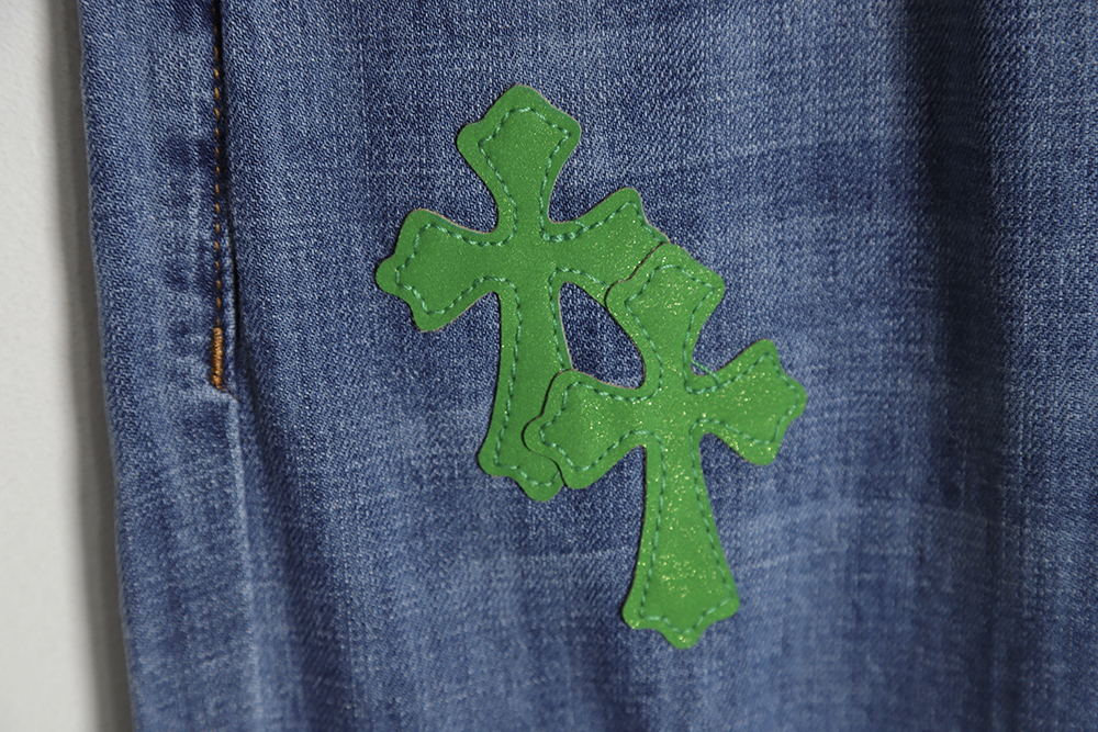 Chrome Hearts Heavy Industry Patch Leather Cross Frayed Jeans TSK1