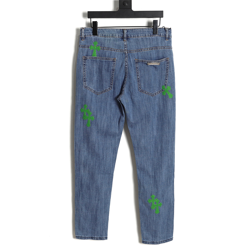 Chrome Hearts Heavy Industry Patch Leather Cross Frayed Jeans TSK1