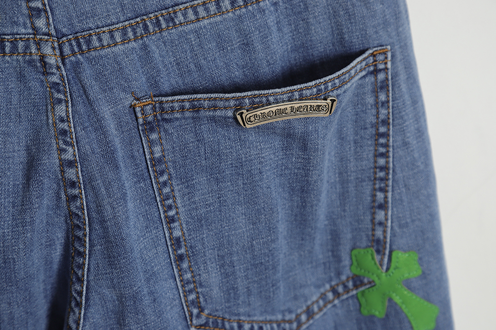 Chrome Hearts Heavy Industry Patch Leather Cross Frayed Jeans TSK1