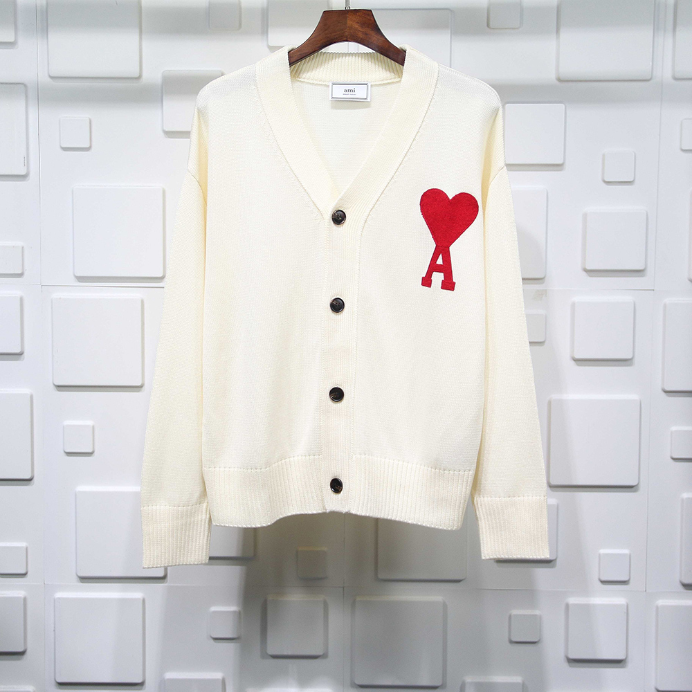 AMI PARIS 21FW Heart Embroidered Sweater Cardigan white