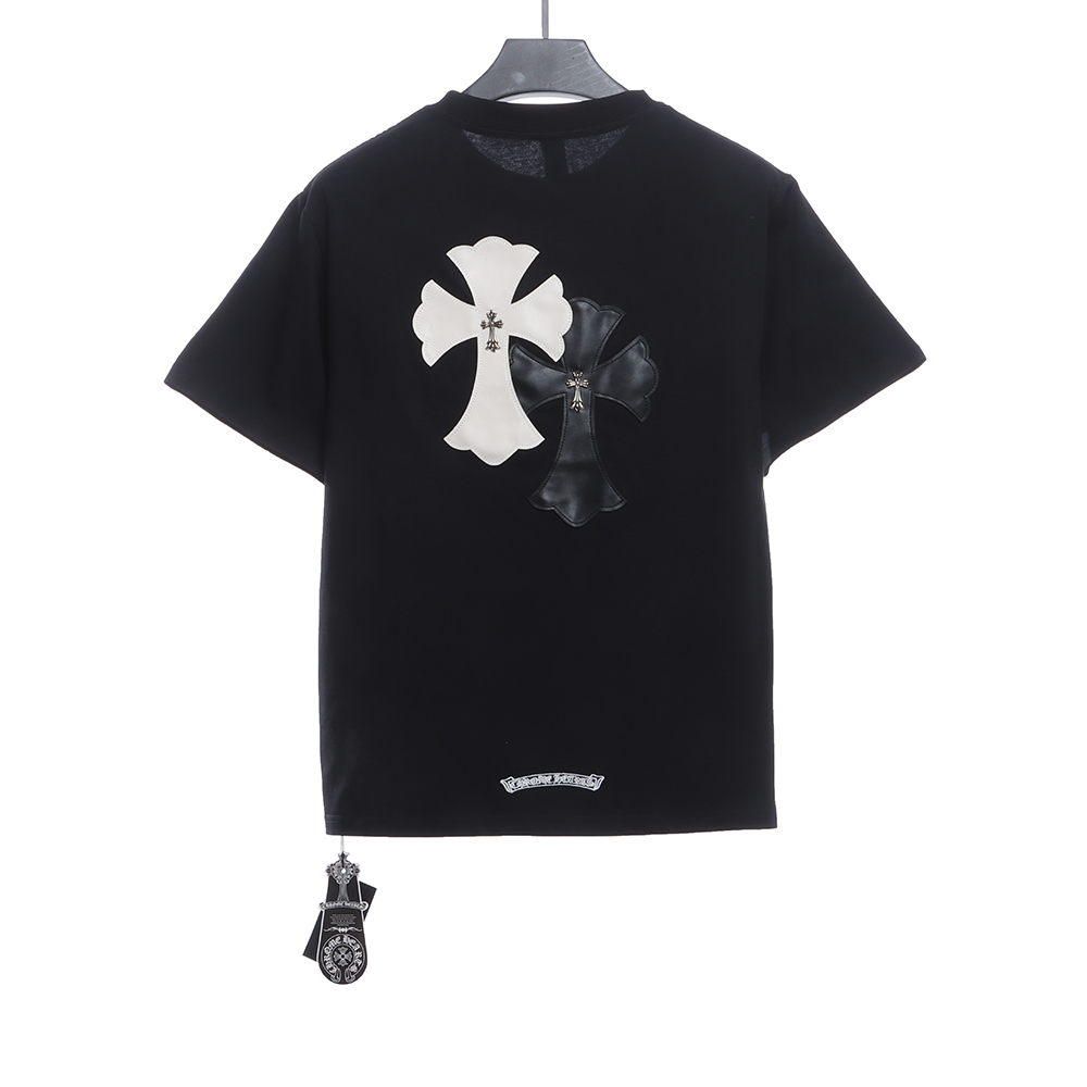 Chrome Hearts White and Black with Leather Iron Logo Short Sleeve TSK1