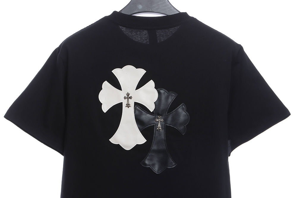 Chrome Hearts White and Black with Leather Iron Logo Short Sleeve TSK1