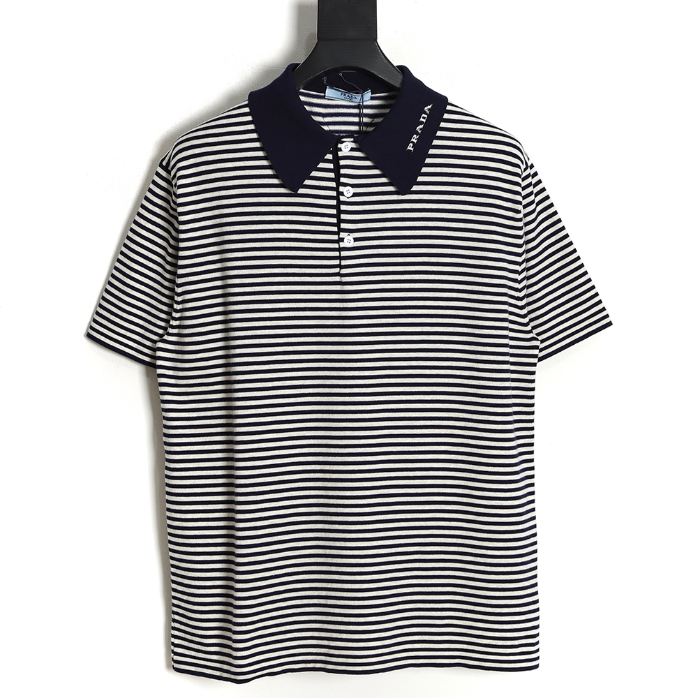 PRADA 23SS blue and white striped short-sleeved knitted polo shirt