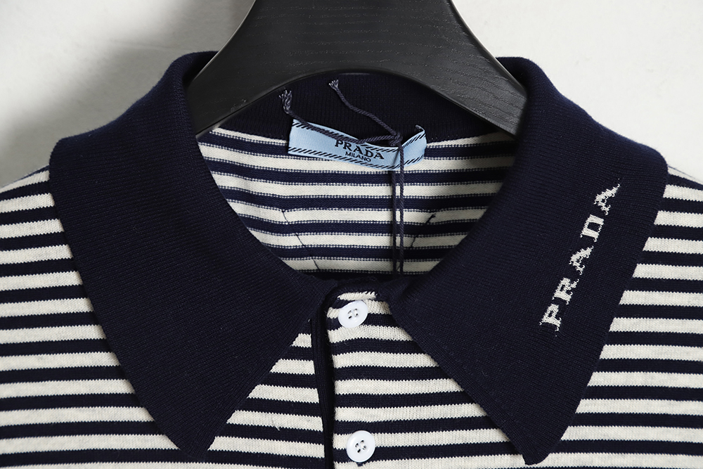 PRADA 23SS blue and white striped short-sleeved knitted polo shirt