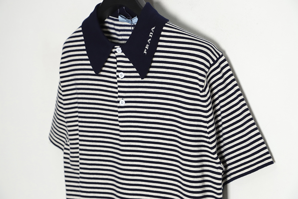 PRADA 23SS blue and white striped short-sleeved knitted polo shirt