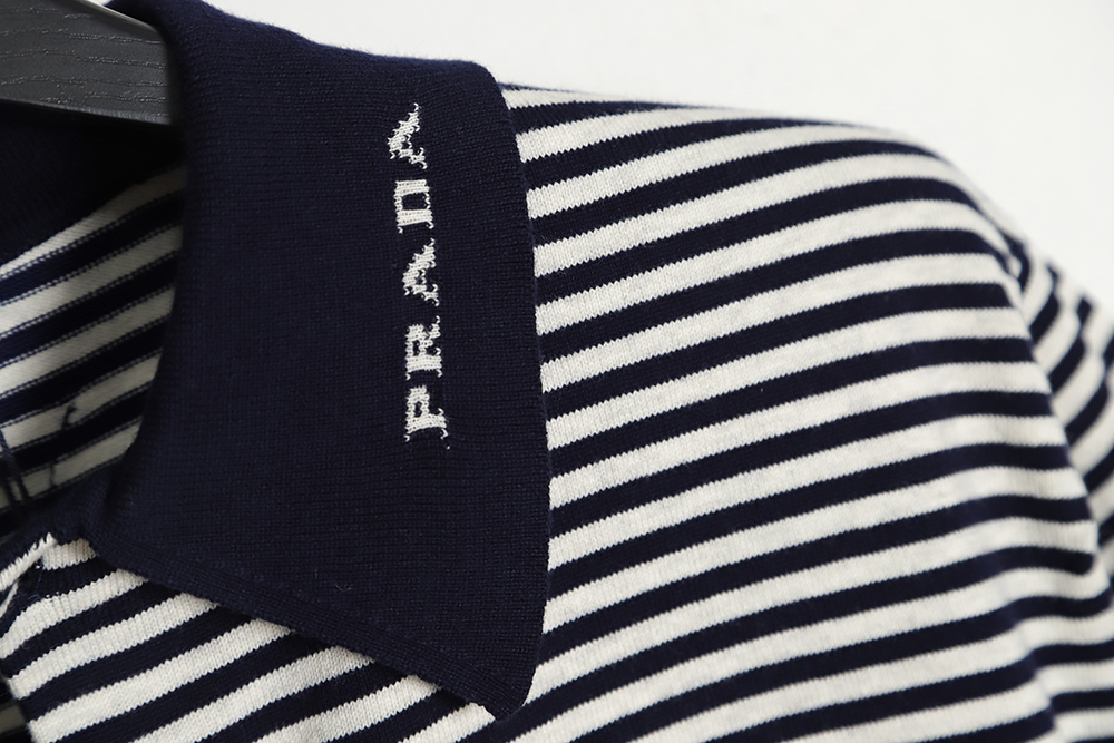 PRADA 23SS blue and white striped short-sleeved knitted polo shirt