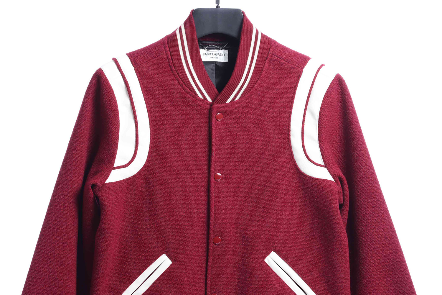 Saint Laurent leather black and white baseball collar jacket