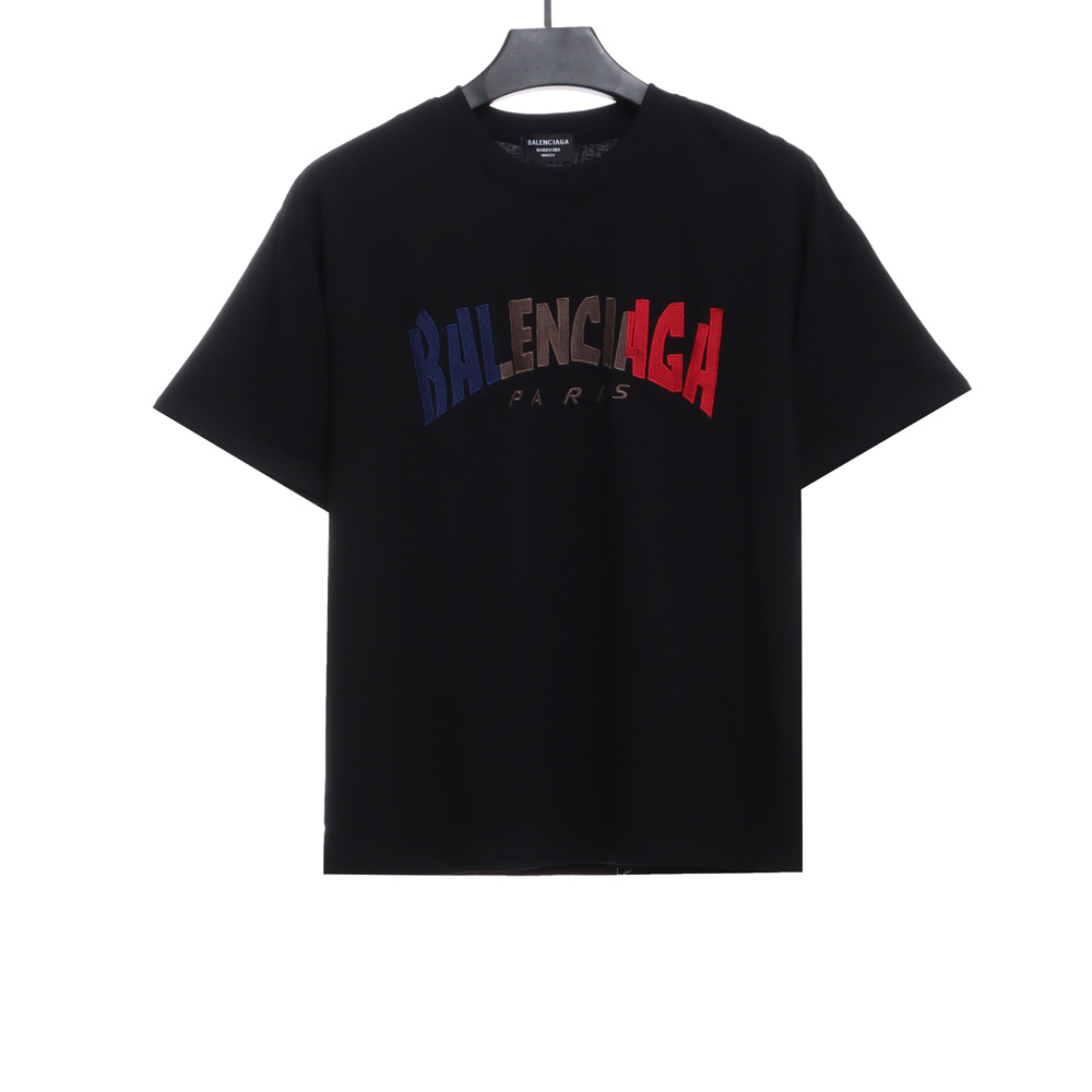 Balenciaga red, blue and white letters embroidered short sleeves_CM_1
