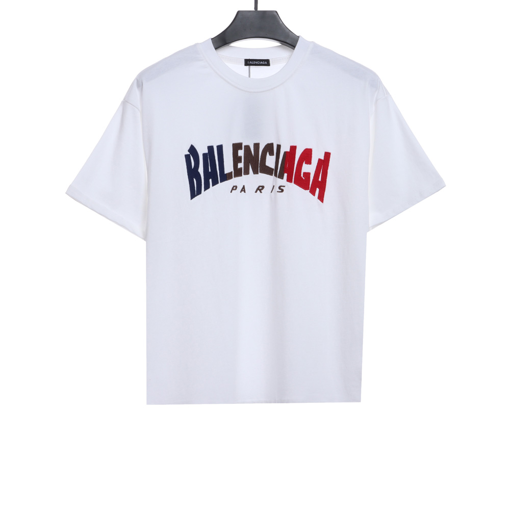 Balenciaga red, blue and white letters embroidered short sleeves