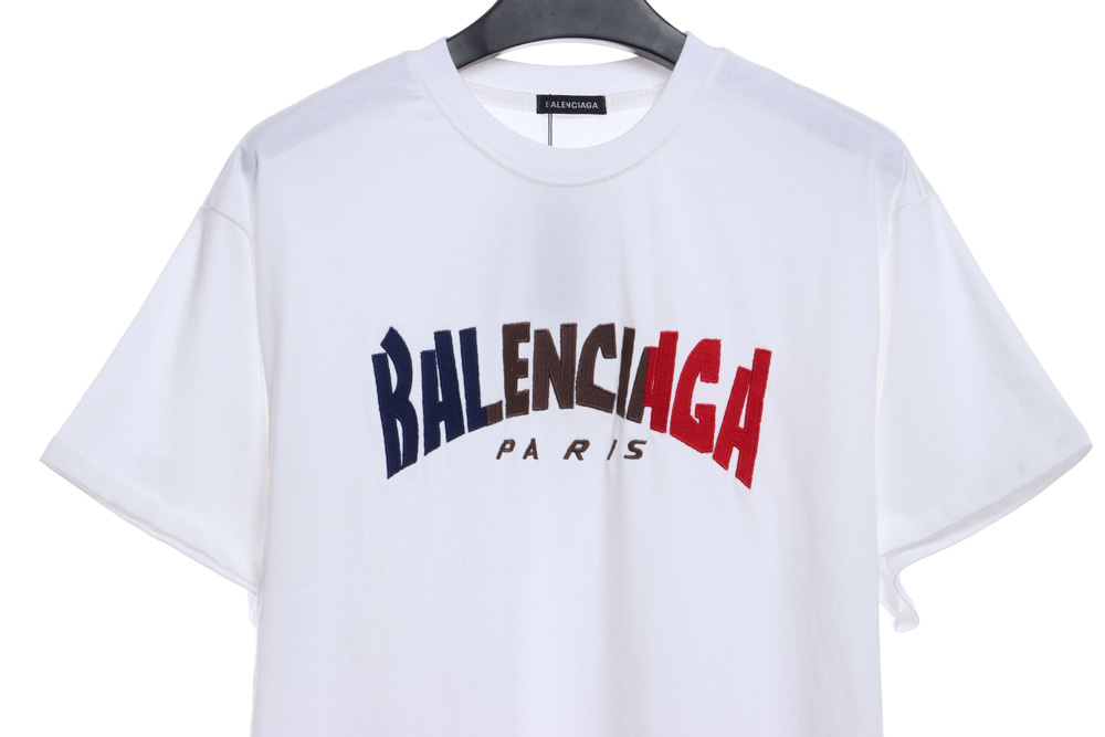 Balenciaga red, blue and white letters embroidered short sleeves