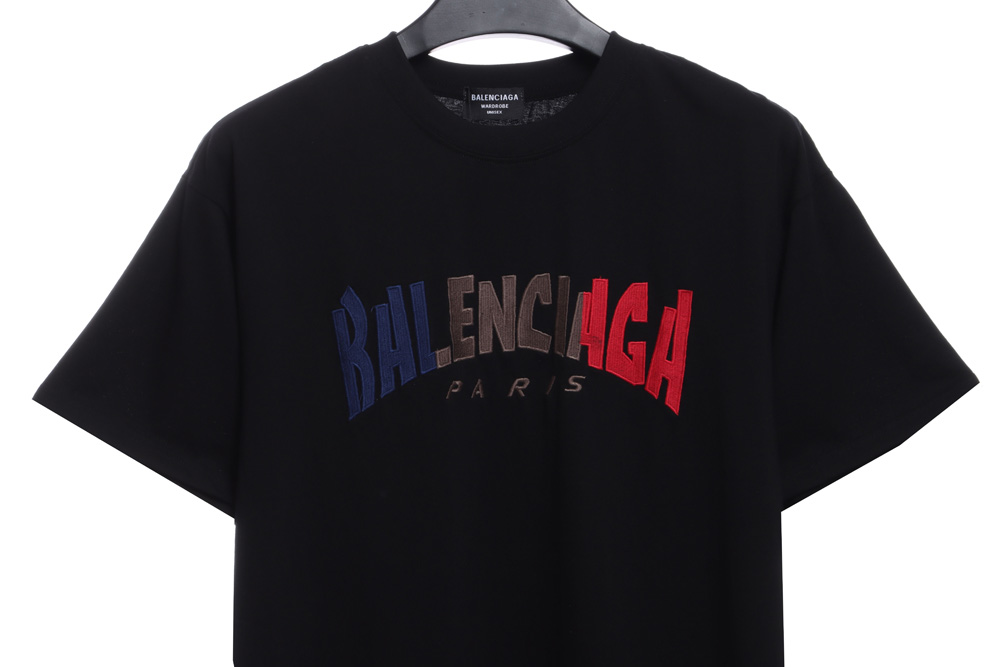 Balenciaga red, blue and white letters embroidered short sleeves_CM_1