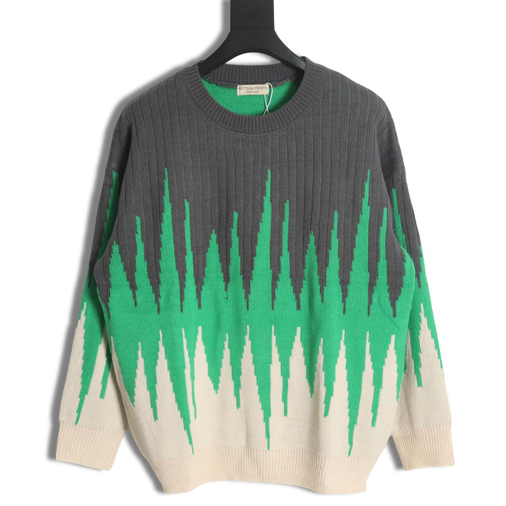 Bottega Veneta 23ss black, green and white three-color stitching crew neck sweater
