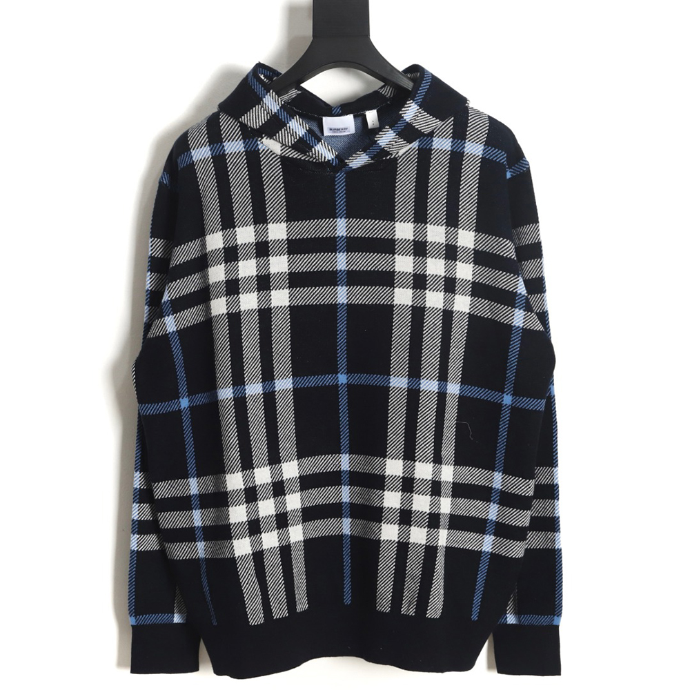 Burberry 23FW blue large plaid knitted hoodie