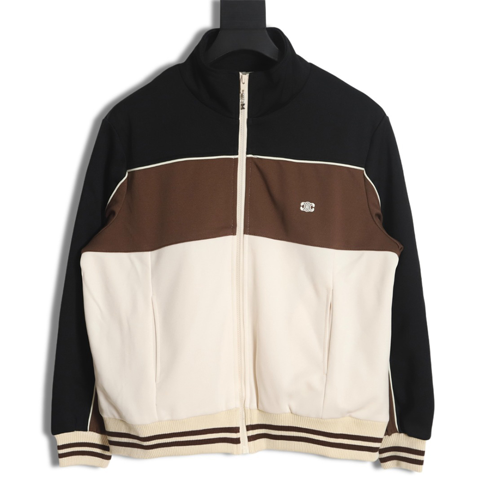 CELINE 23FW chocolate patchwork Arc de Triomphe stand collar baseball jacket