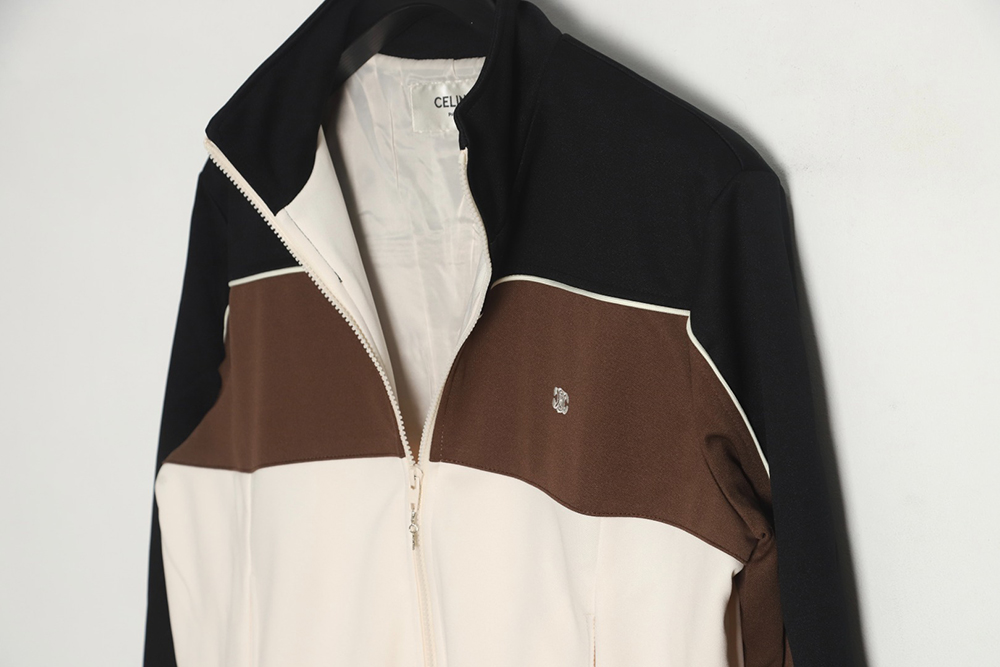 CELINE 23FW chocolate patchwork Arc de Triomphe stand collar baseball jacket