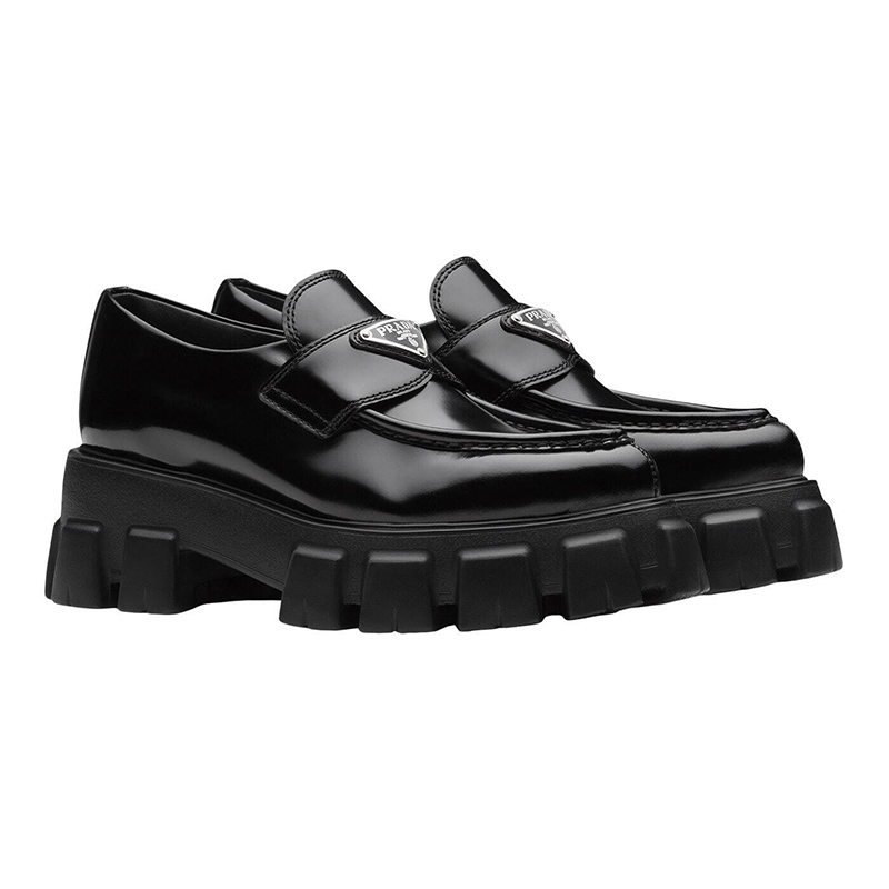 Prada Monolith 55mm Pointy Loafer Black Brushed Leather