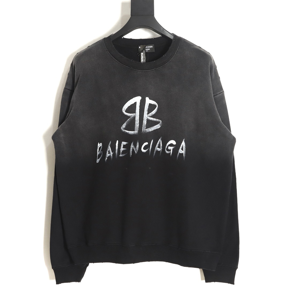 Balenciaga gradient washed destroyed hand-painted cursive lettering crew neck sweatshirt