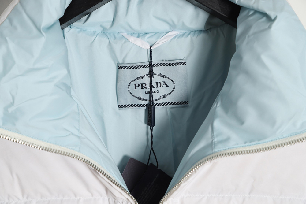 Prada inverted triangle stand collar short down jacket