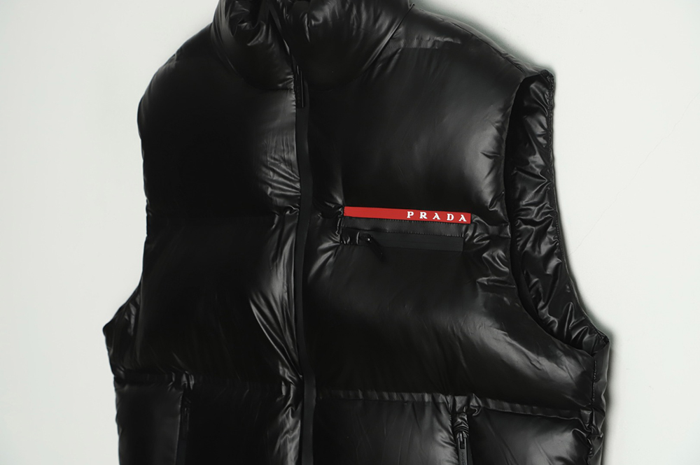 Prada red stripe logo down vest
