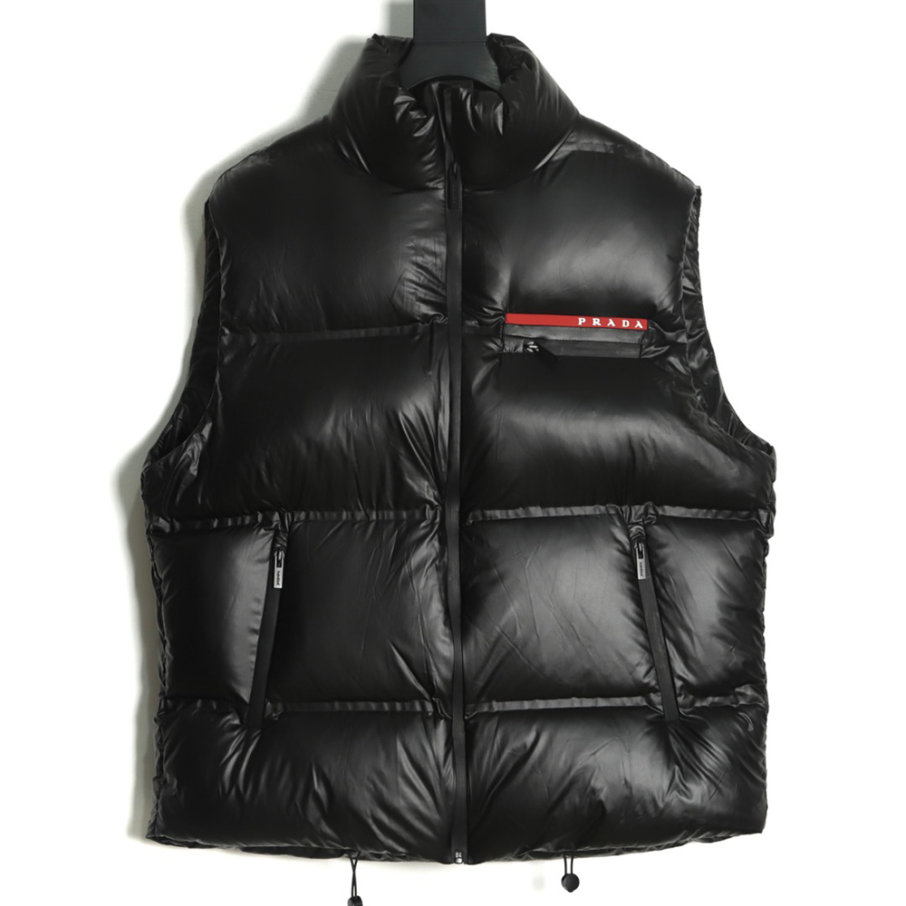Prada red stripe logo down vest