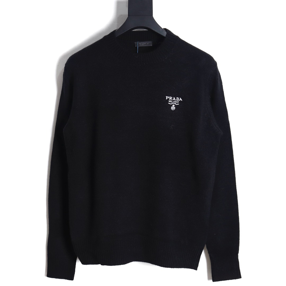 Prada 23FW machine embroidered lettering crew neck sweater