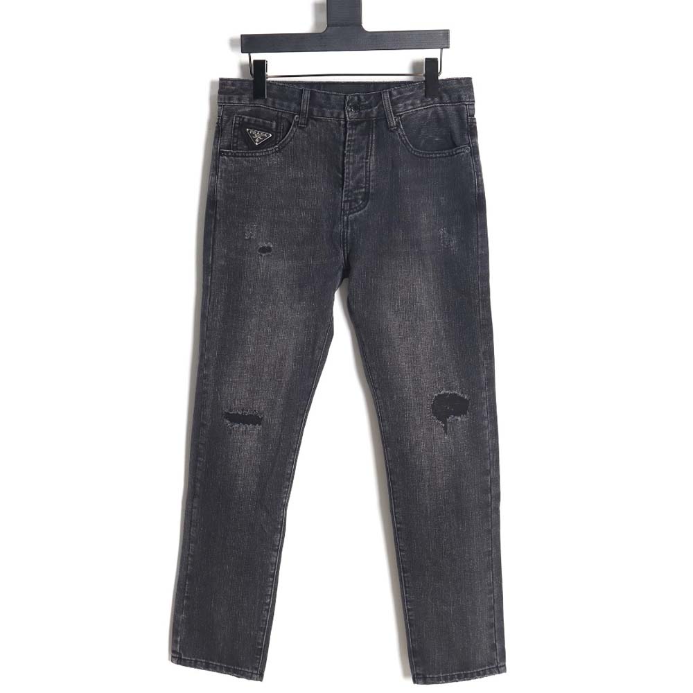 Prada 23Fw triangle logo and logo embroidered washed jeans