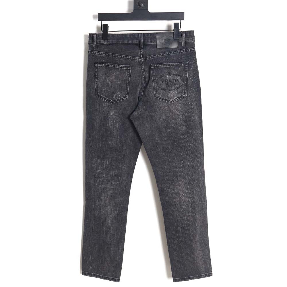 Prada 23Fw triangle logo and logo embroidered washed jeans