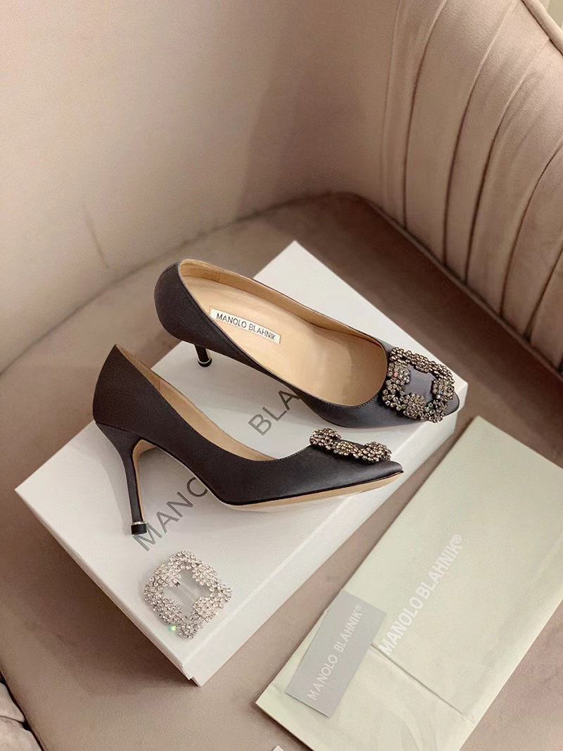 Manolo Blahnik Hangisi Dark Grey Satin Jewel Buckle Pumps