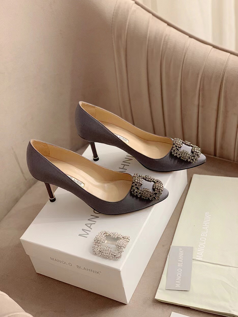 Manolo Blahnik Hangisi Dark Grey Satin Jewel Buckle Pumps