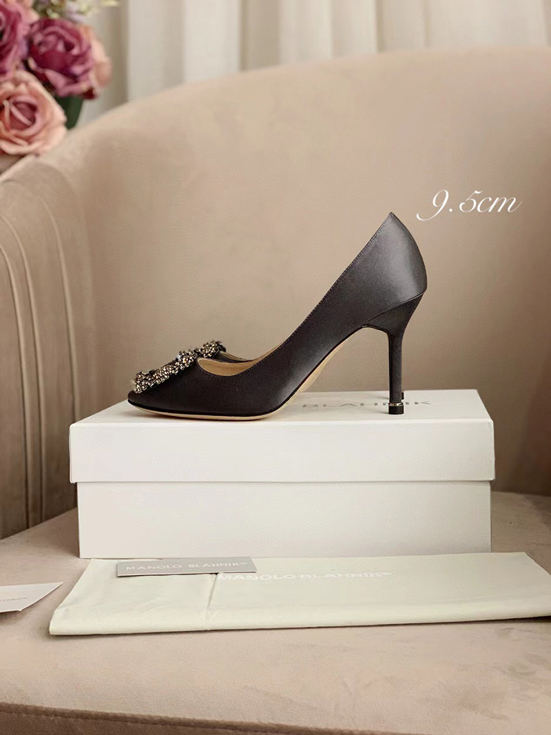 Manolo Blahnik Hangisi Dark Grey Satin Jewel Buckle Pumps