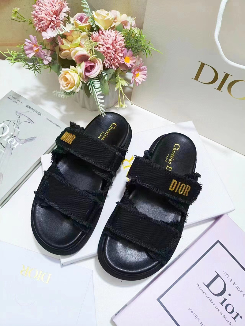 Dioract Slide Black Fringed Cotton Canvas