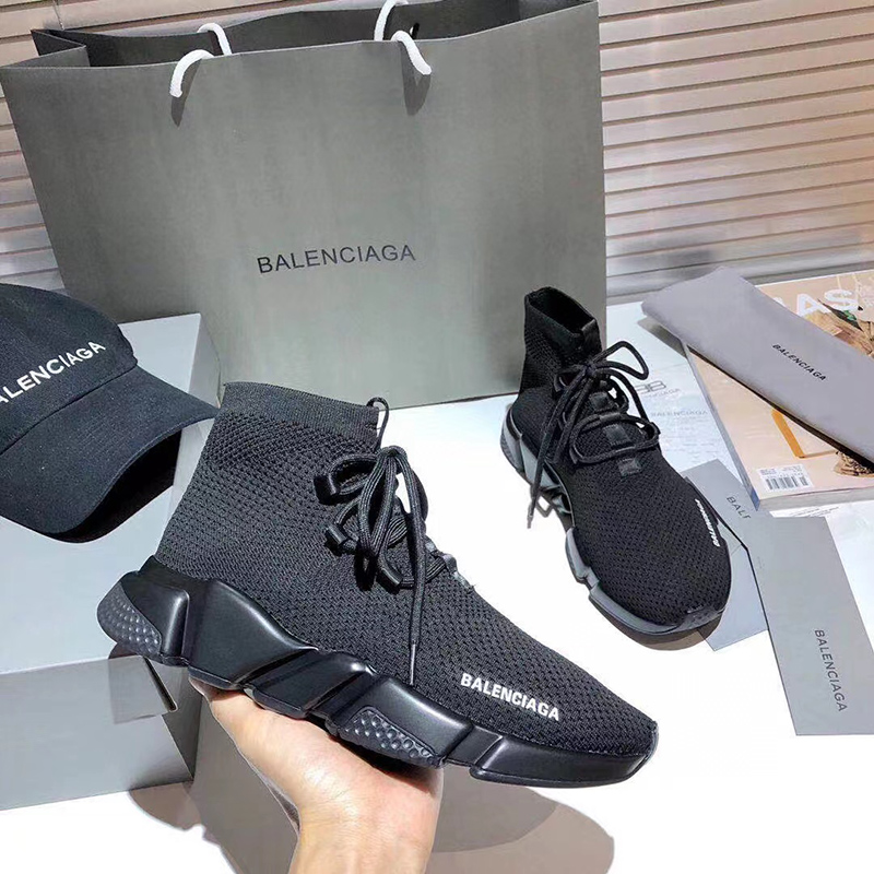 BALENCIAGA SPEED LACE-UP RECYCLED KNIT TRAINERS IN BLACK