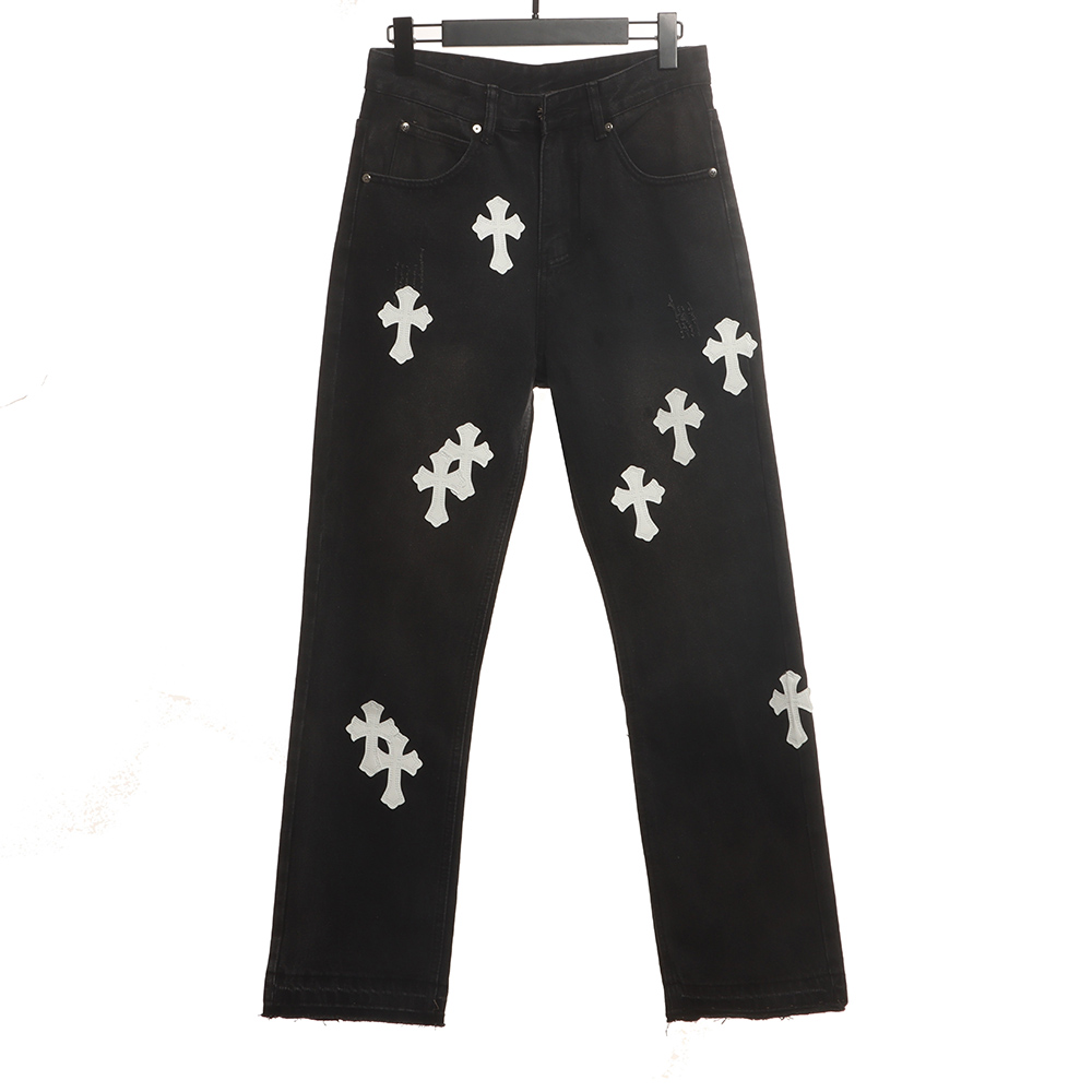 Chrome Hearts patchwork leather cross denim trousers