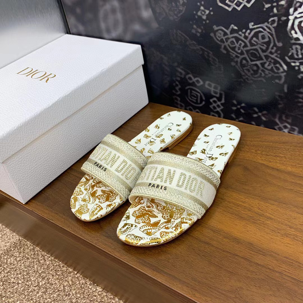 Christian Dior Dway Slide White And Gold-Tone Gradient Butterflies Embroidered