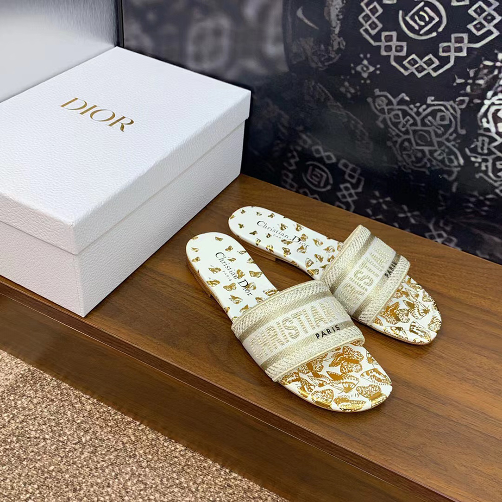Christian Dior Dway Slide White And Gold-Tone Gradient Butterflies Embroidered