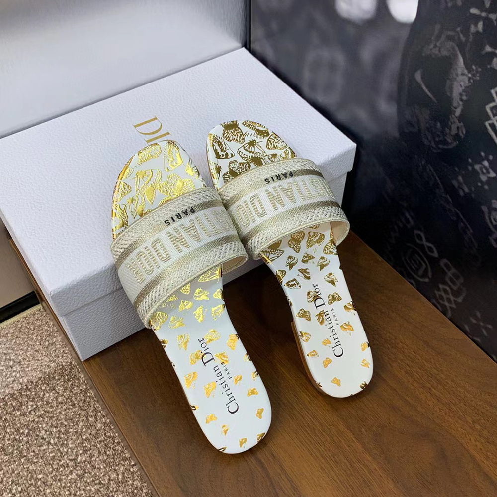 Christian Dior Dway Slide White And Gold-Tone Gradient Butterflies Embroidered