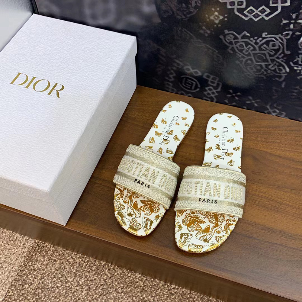 Christian Dior Dway Slide White And Gold-Tone Gradient Butterflies Embroidered